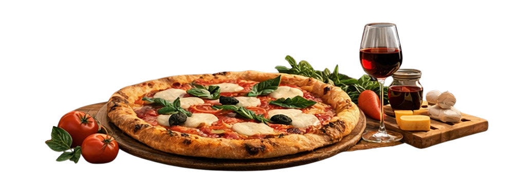 Fresh artisan pizza with wine