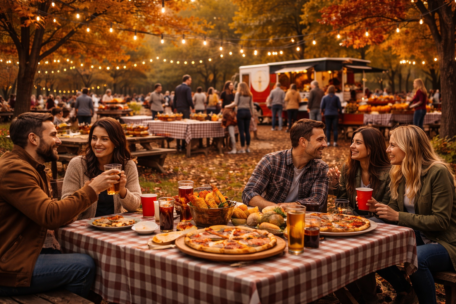 Community gathering around the pizza truck