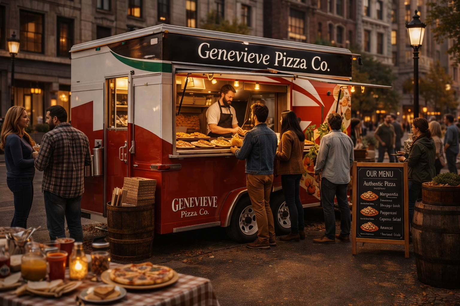 Genevieve pizza truck at a street location